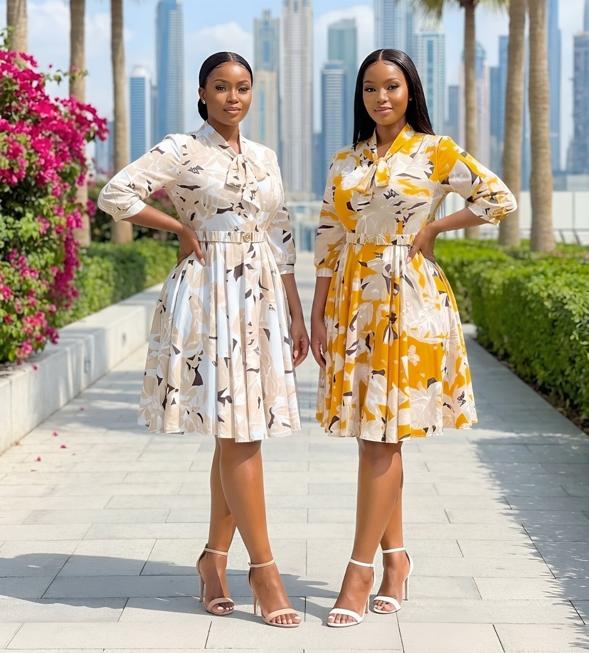Two women standing on a walkway wearing patterned midi dresses with city skyscrapers in the background.