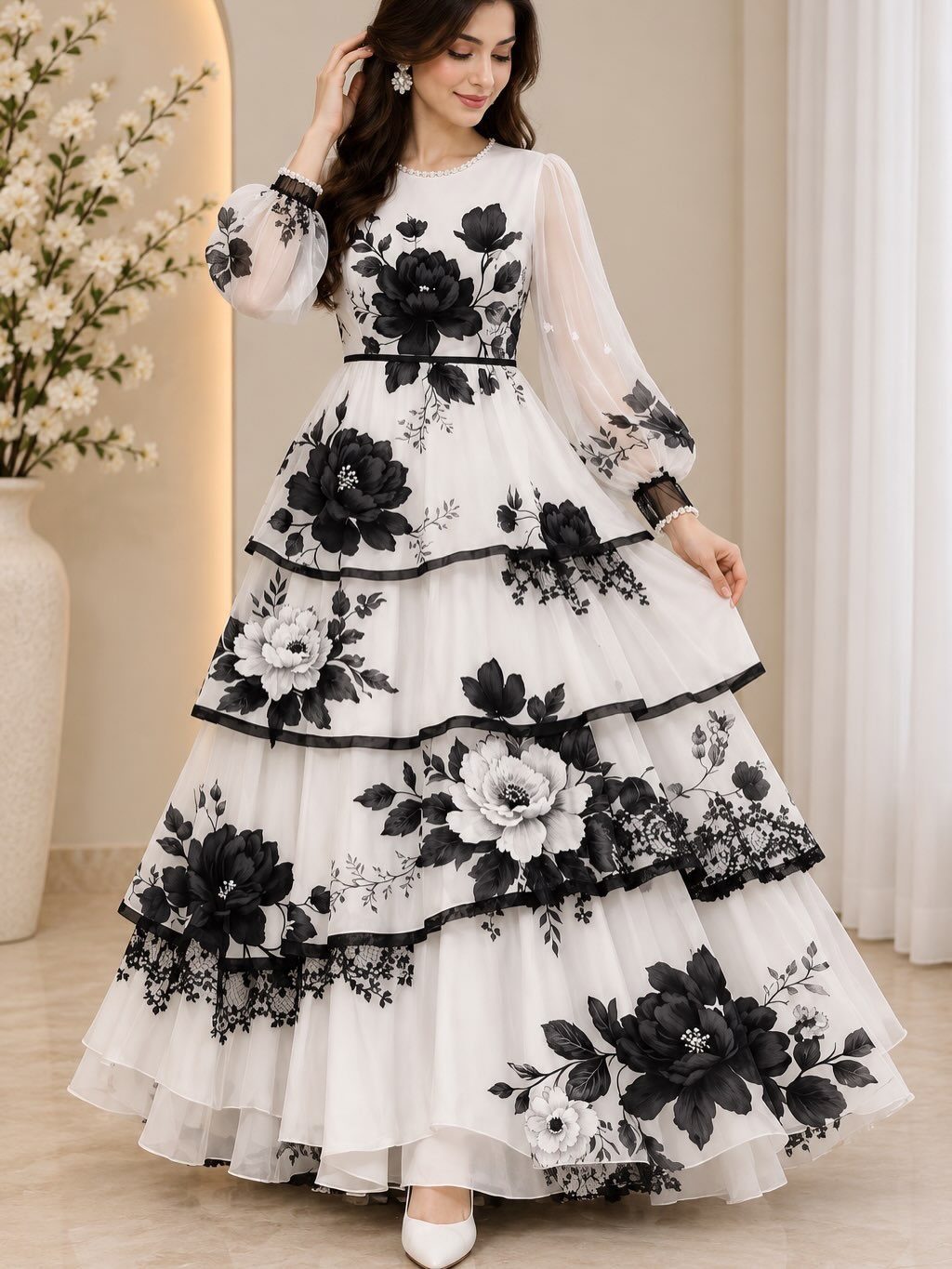 Woman in a white floral maxi dress with long puff sleeves and a tiered skirt.