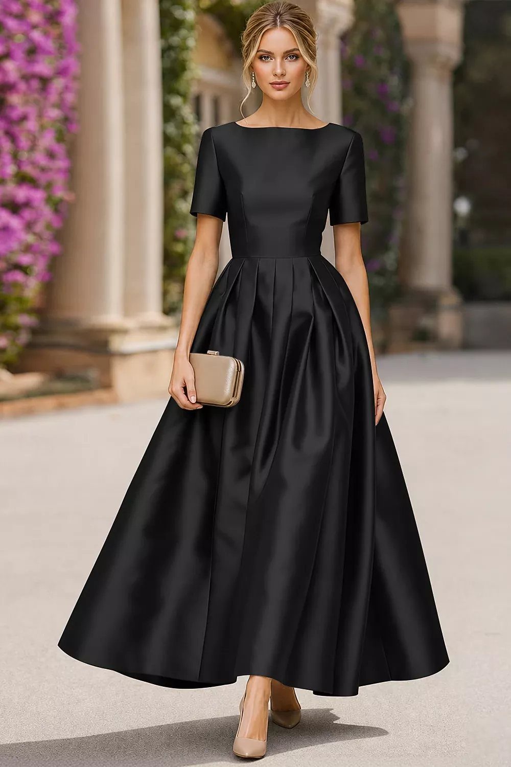 Woman in a black satin maxi dress with short sleeves holding a gold clutch.