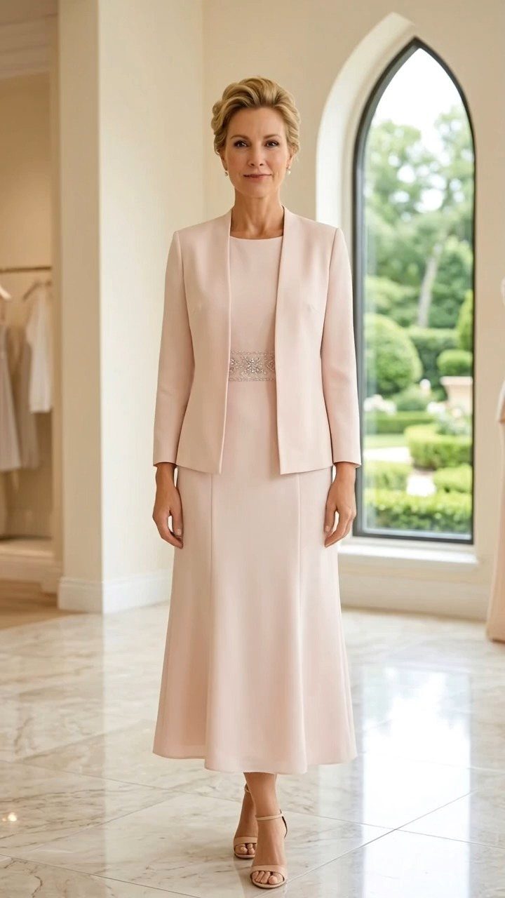 Woman wearing a light pink midi dress and a matching open-front jacket.