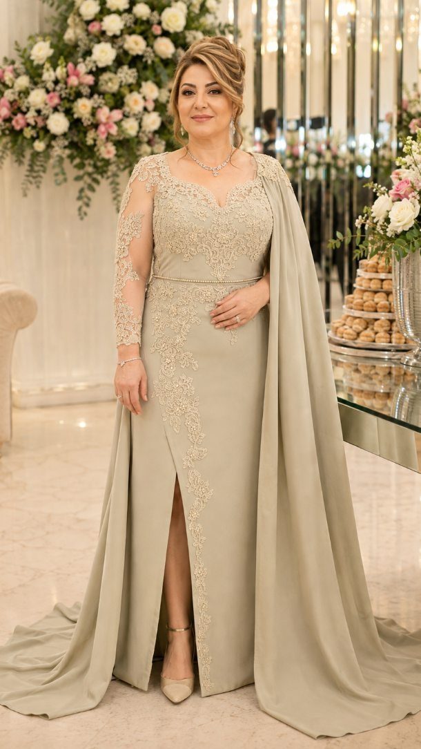 Woman in a champagne evening gown with lace sleeves and subtle floral embroidery.