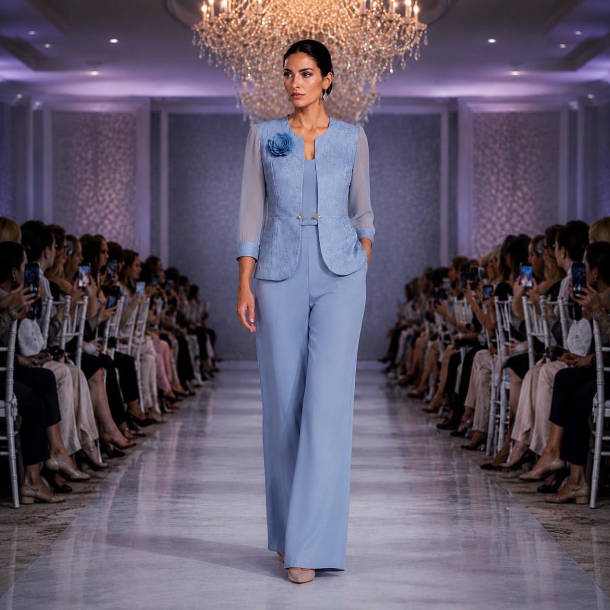 Woman walking a runway in a light blue jumpsuit and matching sleeveless vest.