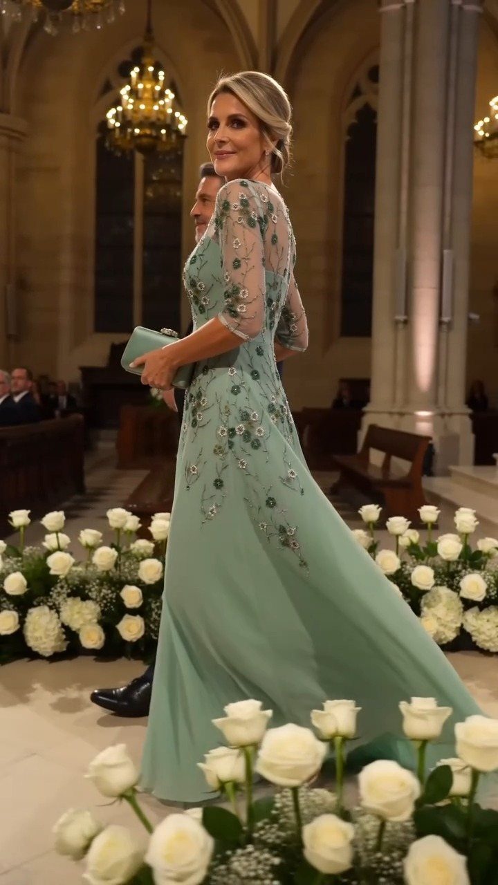 Woman in a teal embroidered dress walking through a church aisle decorated with white roses.