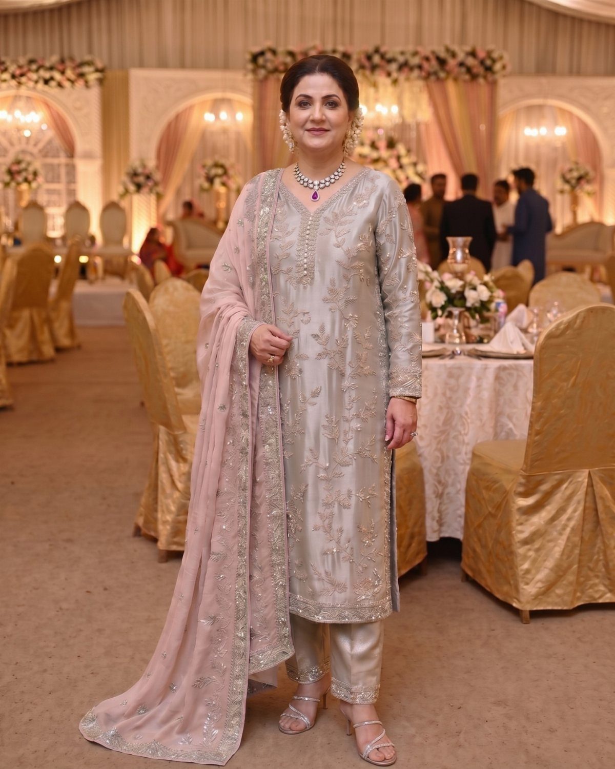 Woman in an embroidered grey tunic and pink sheer dupatta standing in a wedding banquet hall.