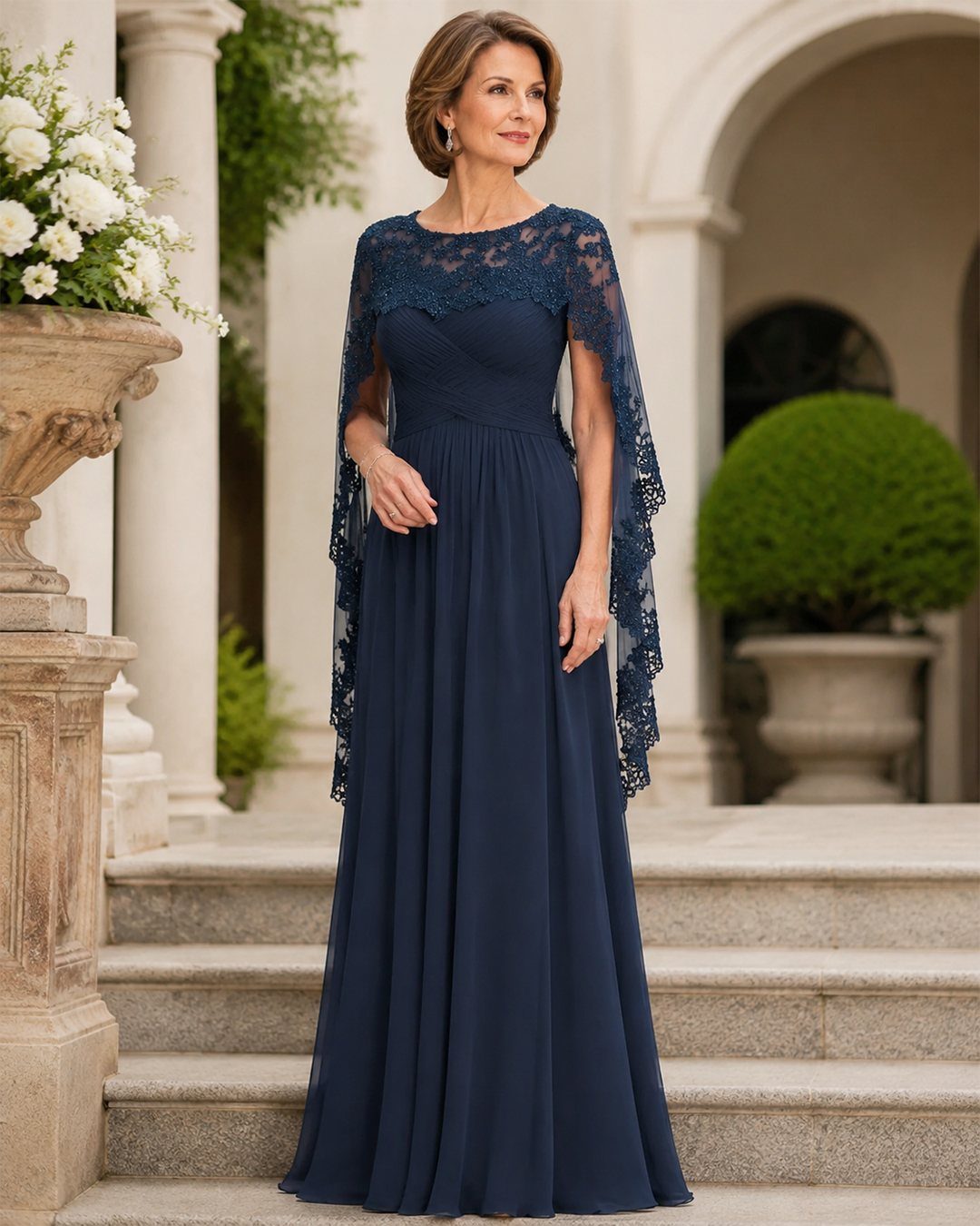 Woman in a navy blue lace capelet gown standing on outdoor stone stairs.