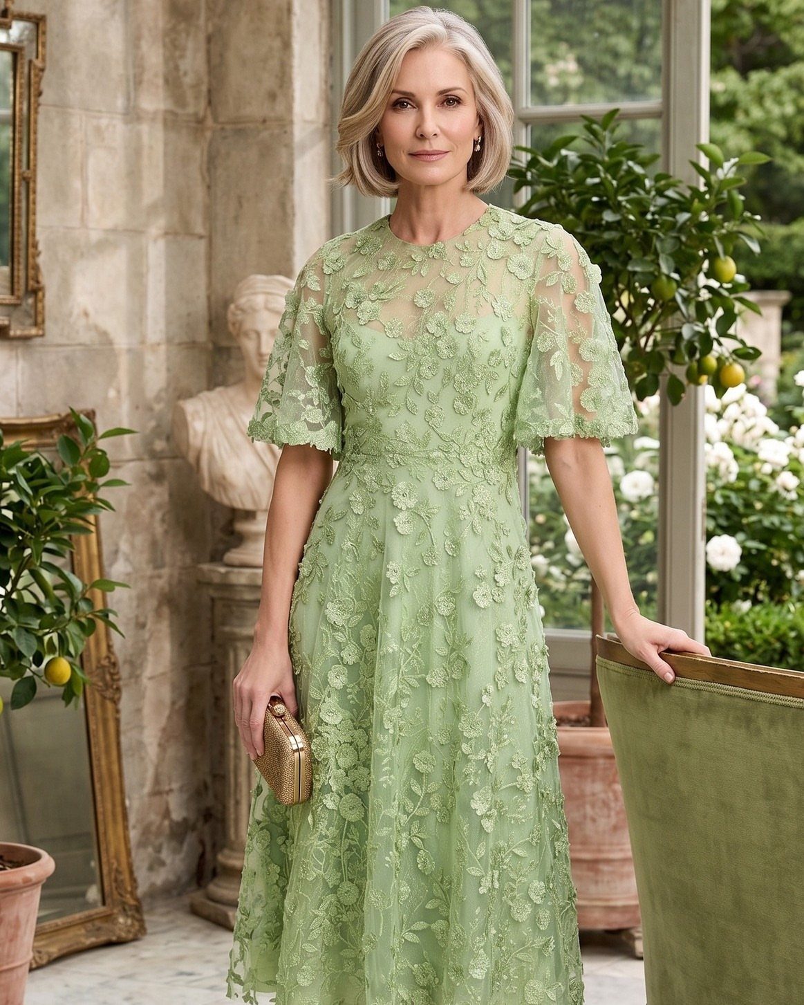 A woman in a sage green floral lace midi dress standing in a garden setting.