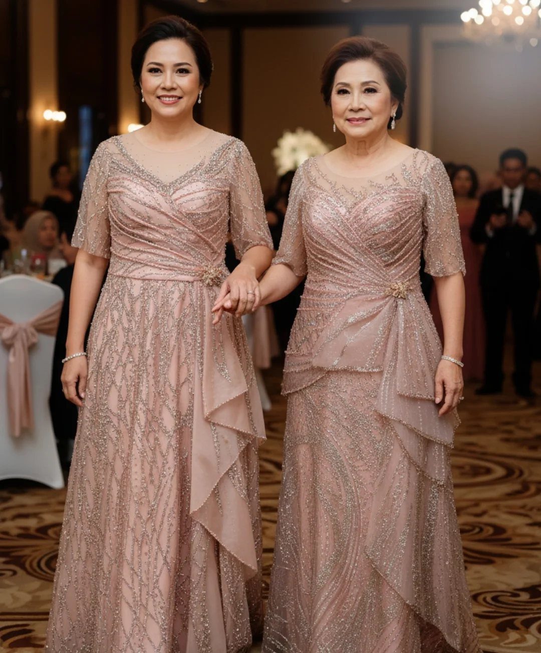 Two women smiling while wearing matching dusty rose beaded A-line evening gowns in a formal ballroom.