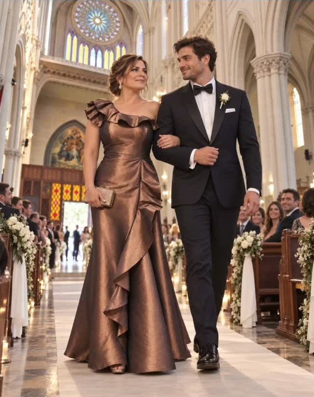 A woman in a bronze gown and a man in a tuxedo walk down a church aisle.