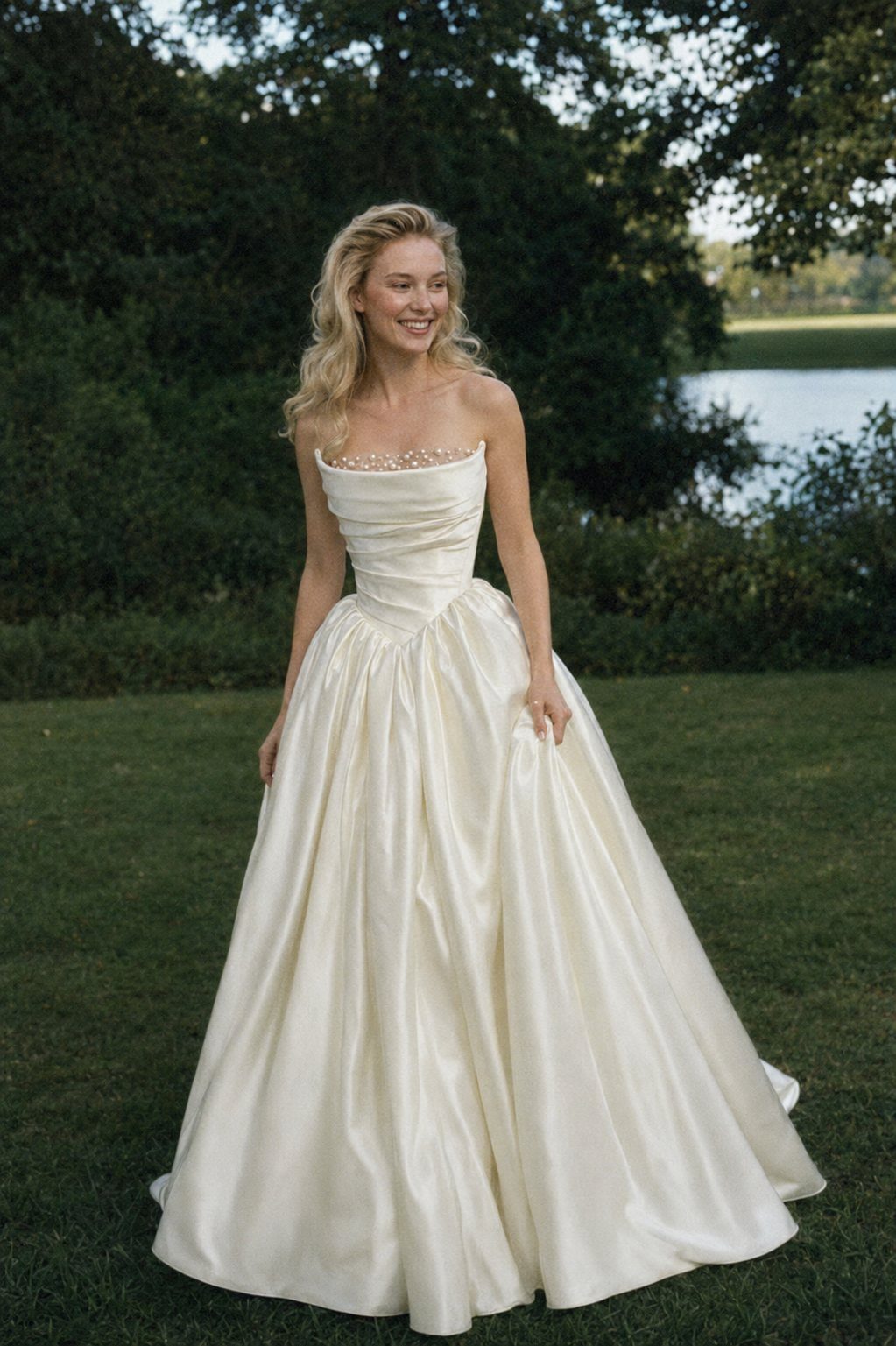 A smiling blonde woman wearing a strapless ivory pleated wedding gown standing on a green lawn.