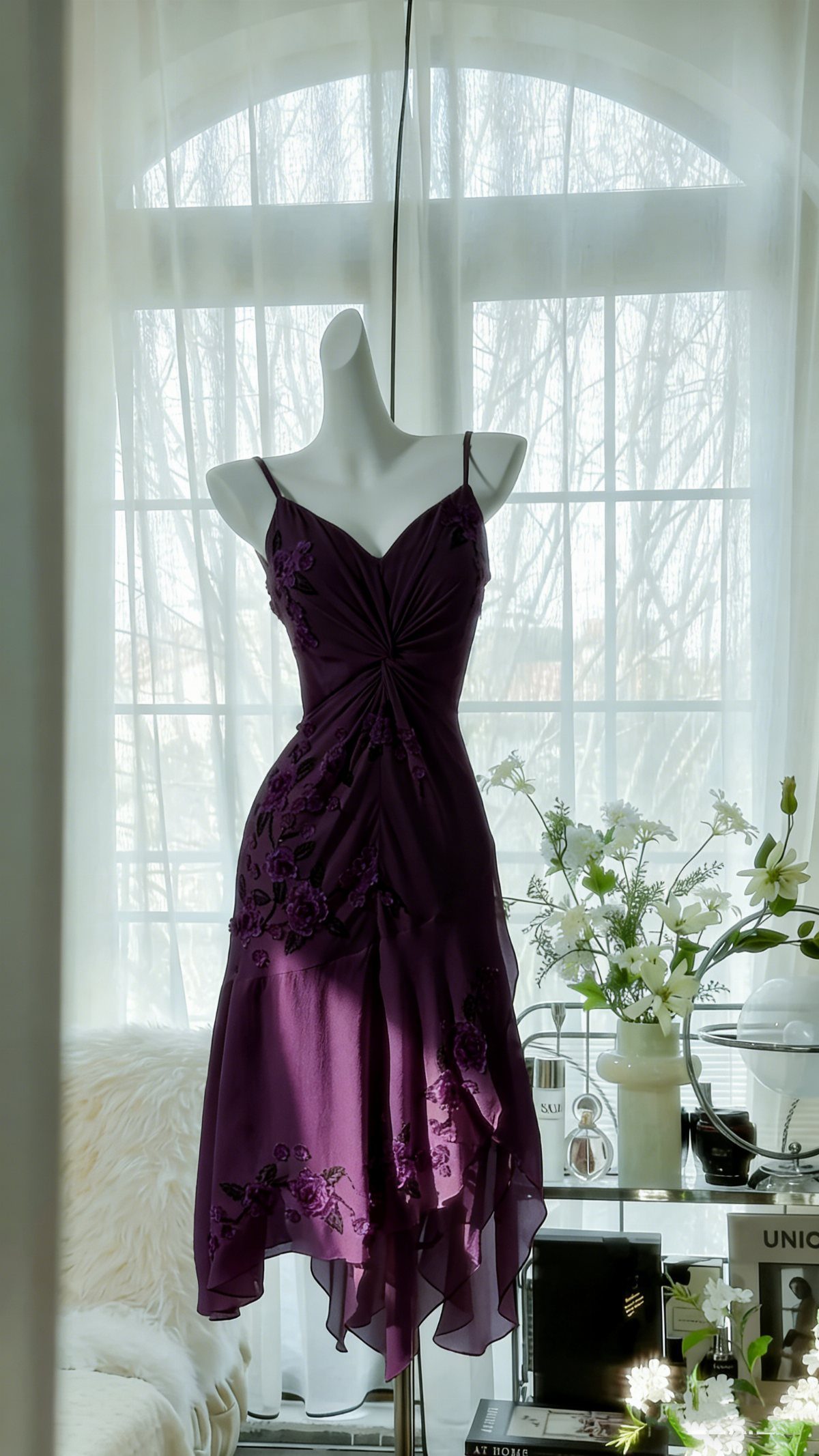 A plum purple cocktail dress with floral details displayed on a mannequin near a bright window.