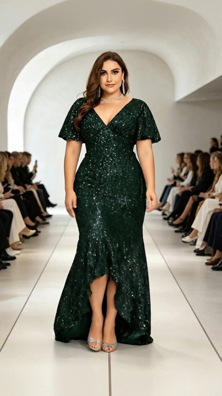Plus size woman wearing a sparkling dark green sequined mermaid gown on a runway.