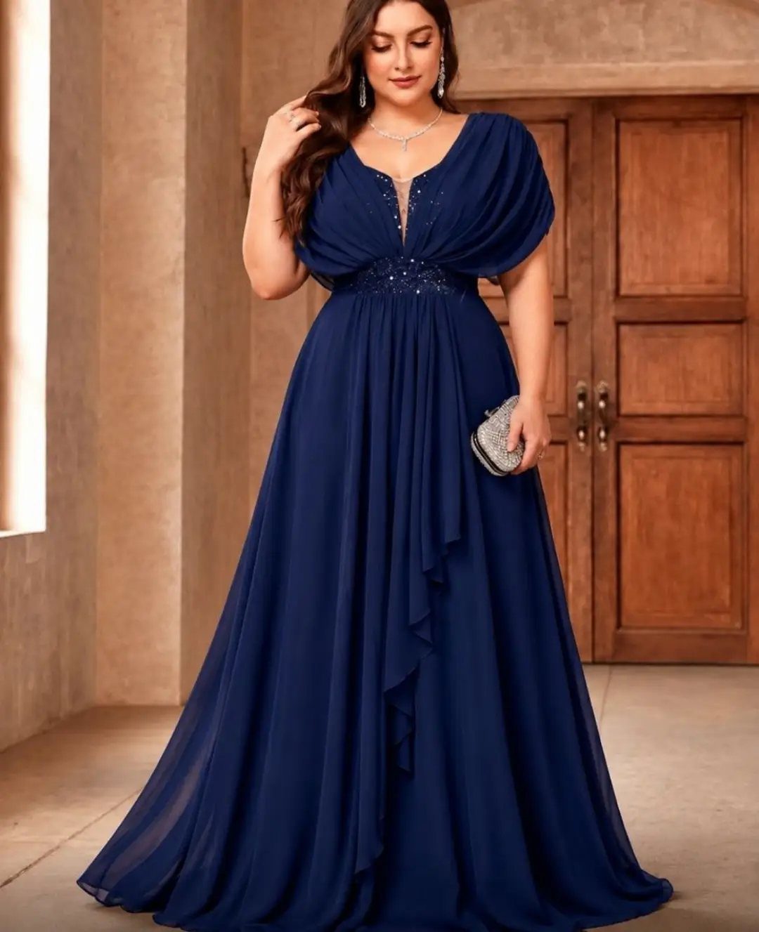 Woman in a navy blue V-neck chiffon maxi dress with a beaded waist holding a silver clutch.