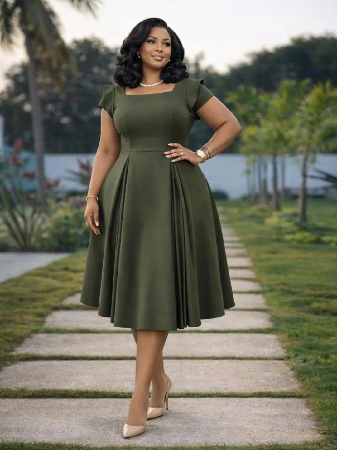 A woman in an olive green fit and flare midi dress standing on a garden path.