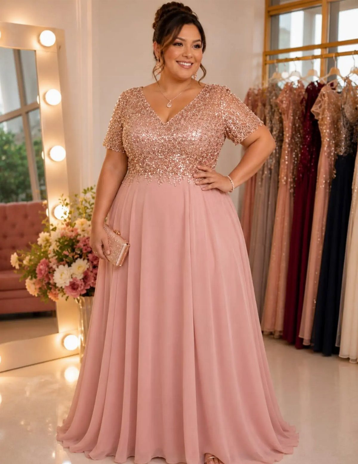 Smiling woman wearing a dusty rose sequined V-neck chiffon maxi dress while posing in a boutique.