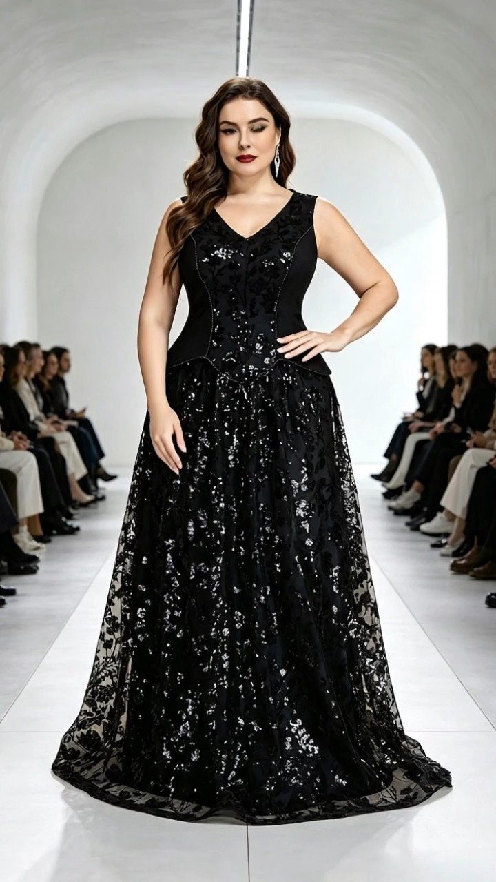 Plus size woman in a black shimmering formal gown walking down a fashion runway.