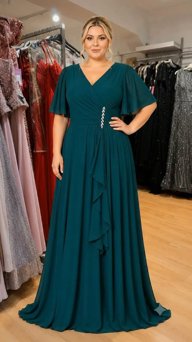 A blonde woman wearing a teal plus size formal maxi dress with flutter sleeves and ruffles.