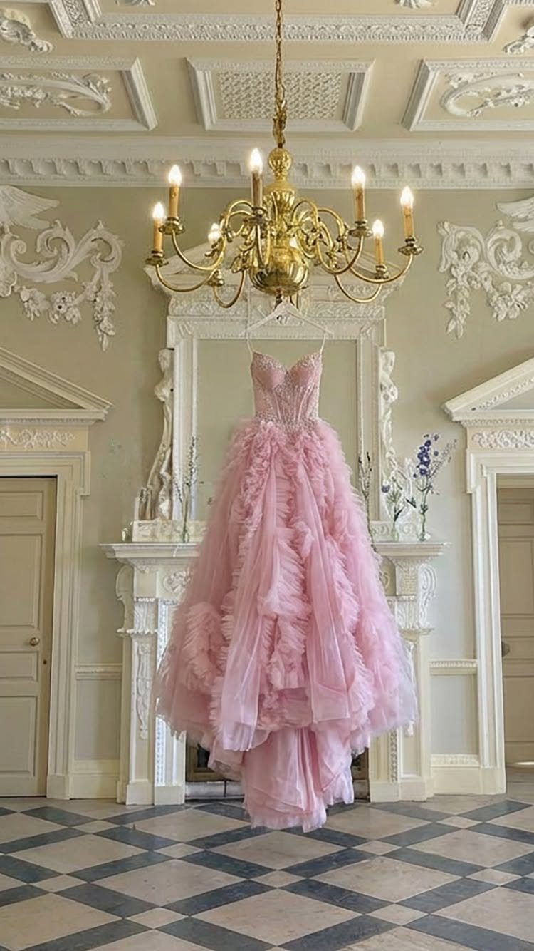 Pink ruffled tulle ball gown hanging in an elegant room with a chandelier and fireplace.