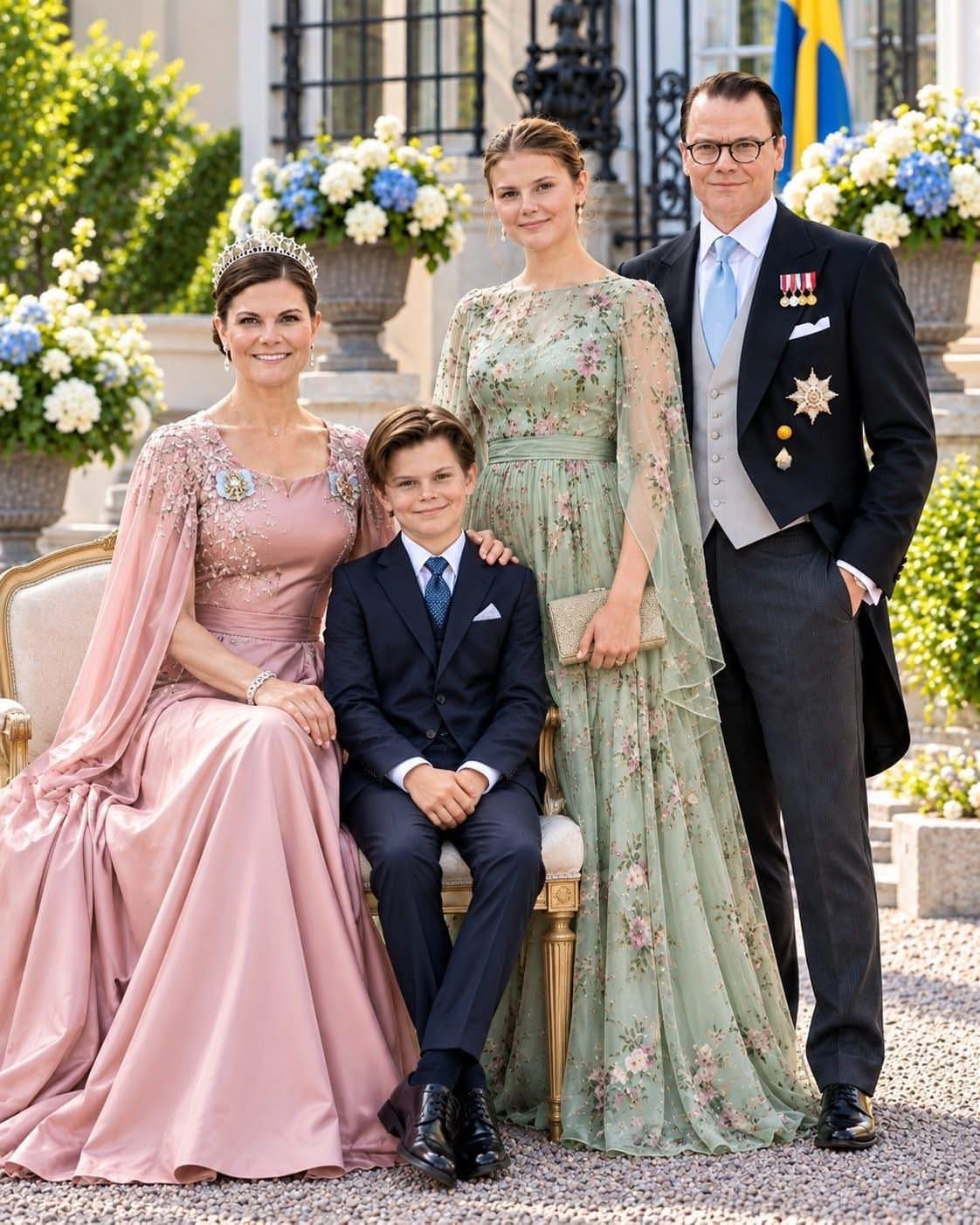 A royal family posing in formal attire including a pink gown and a green floral dress.