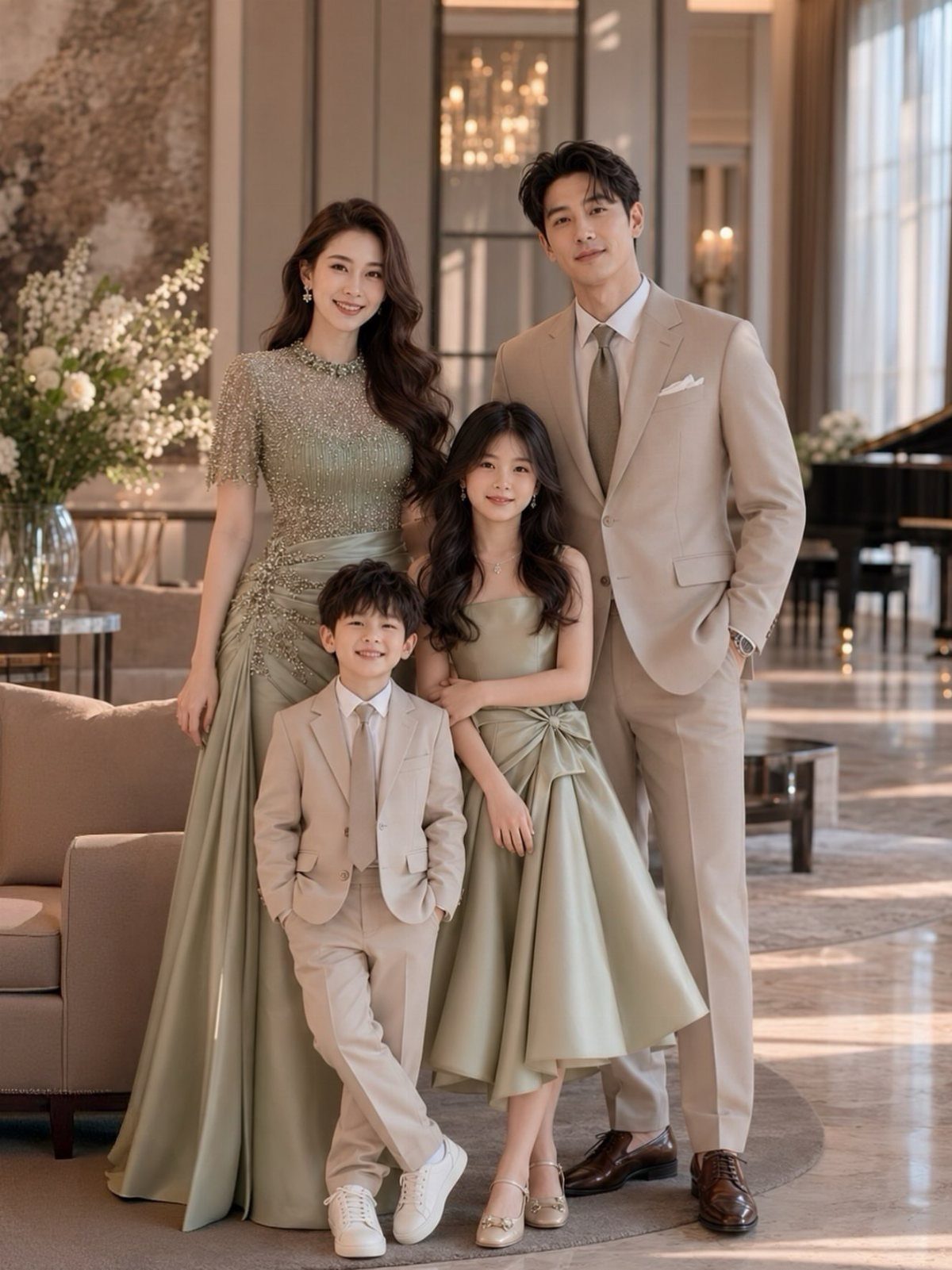 A family posing in formal sage green and beige wedding attire in a bright room.
