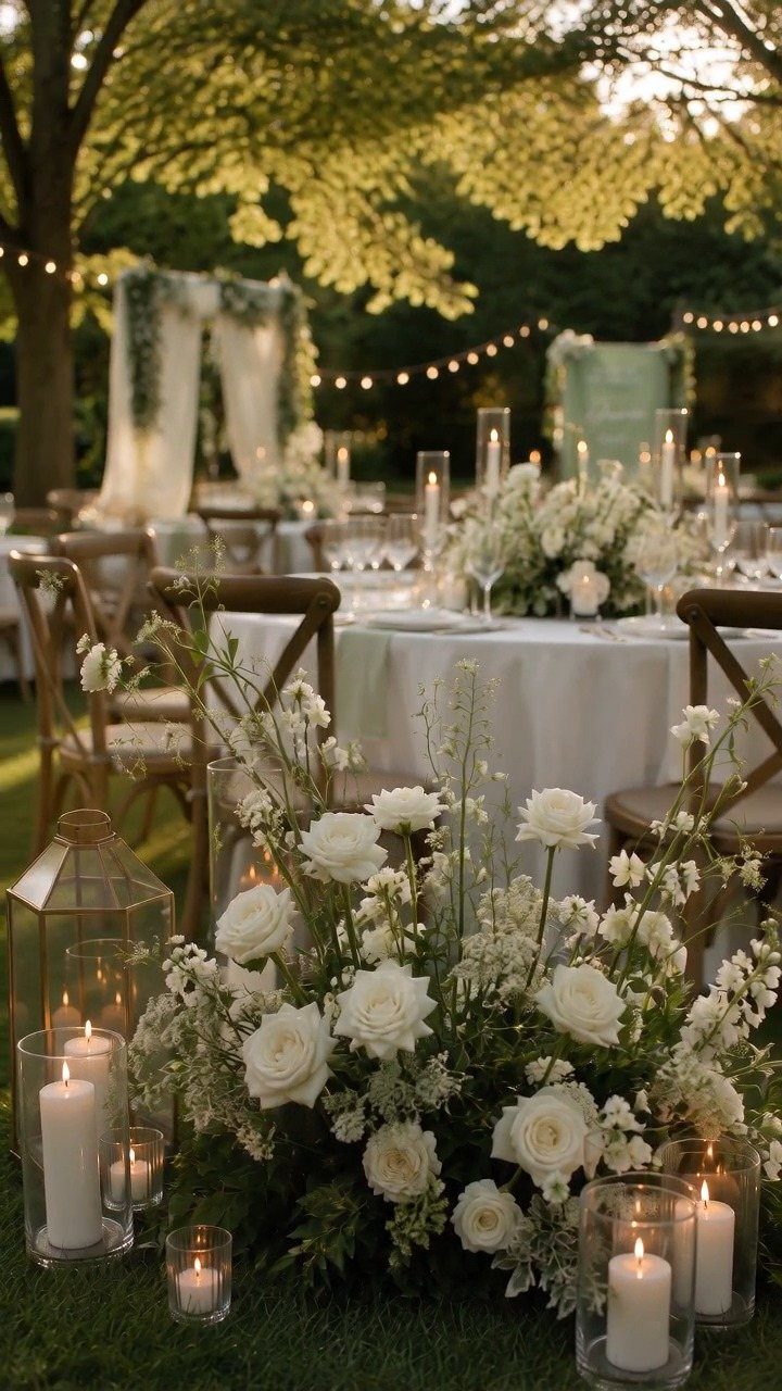 White roses and greenery arranged with lit candles in an outdoor wedding setting.