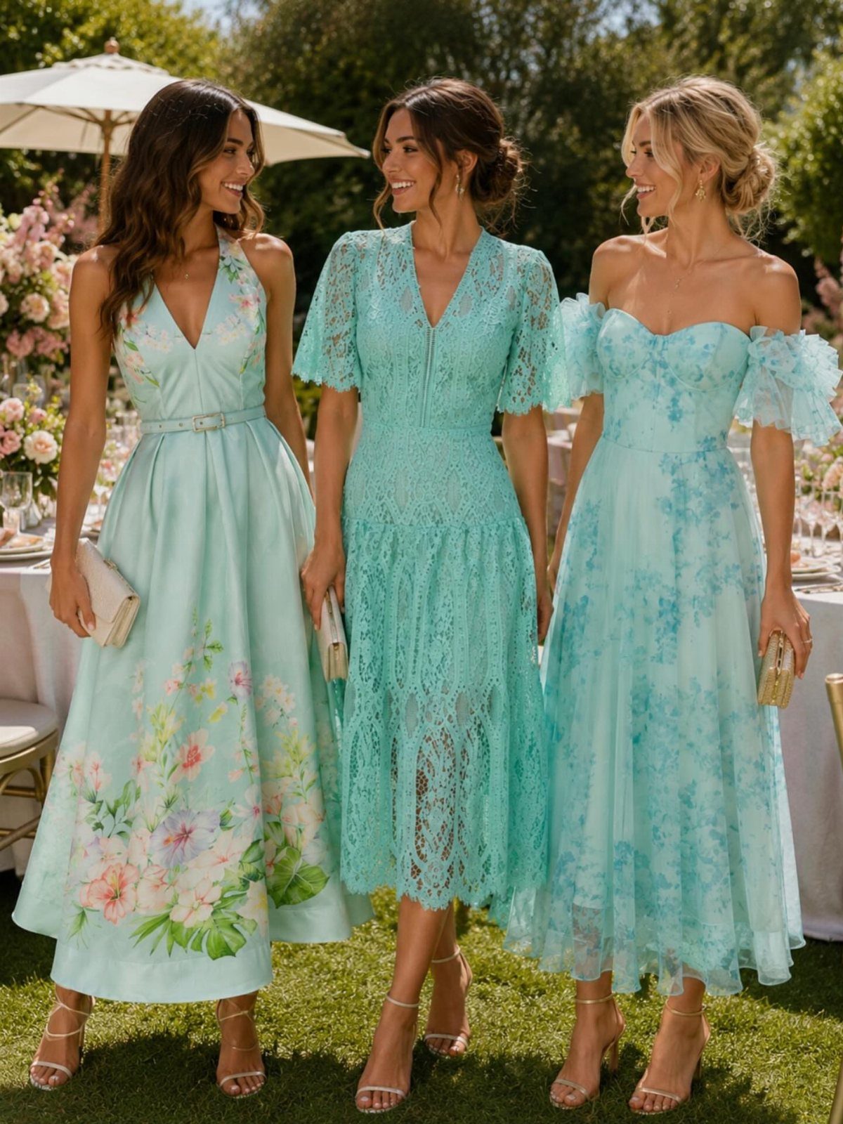 Three women smiling in elegant light blue and mint green dresses at an outdoor garden party.