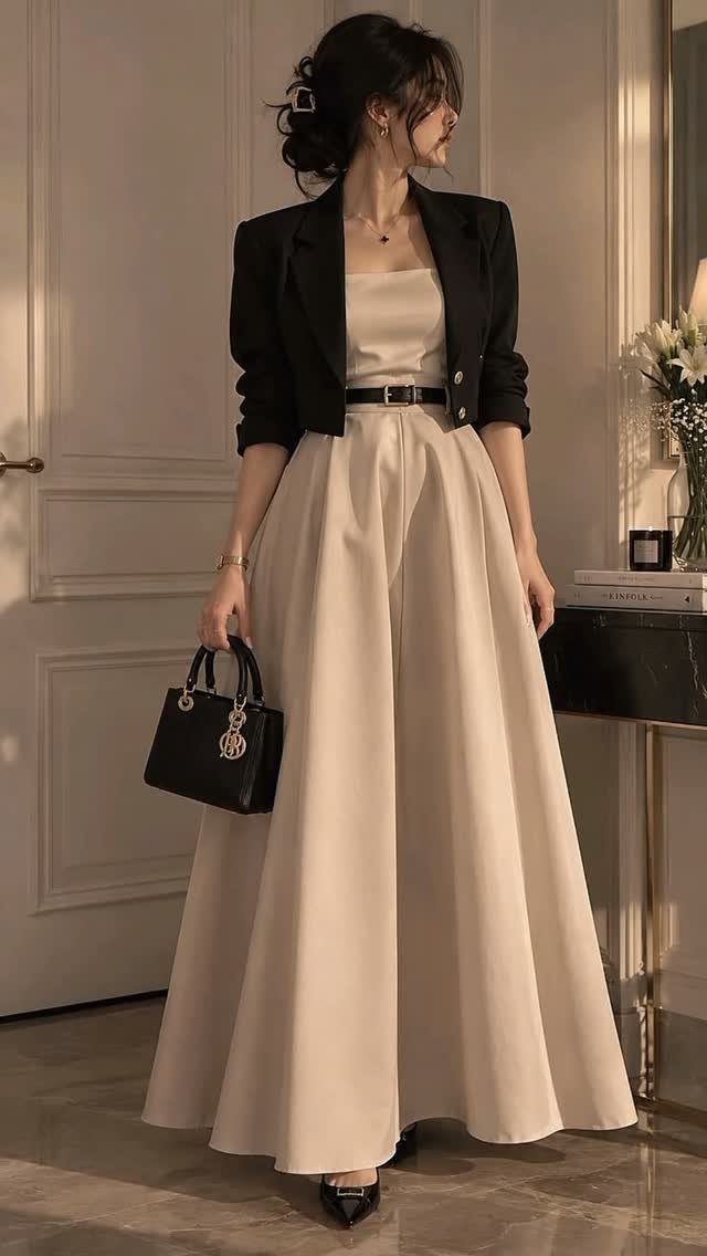 Woman wearing a cream maxi dress, black cropped blazer, and holding a black handbag.