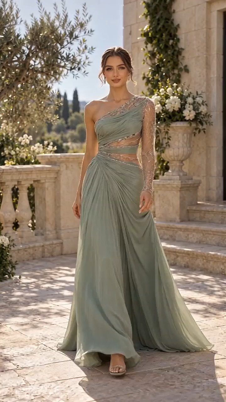 Woman in a sage green one-shoulder gown posing on a stone terrace.