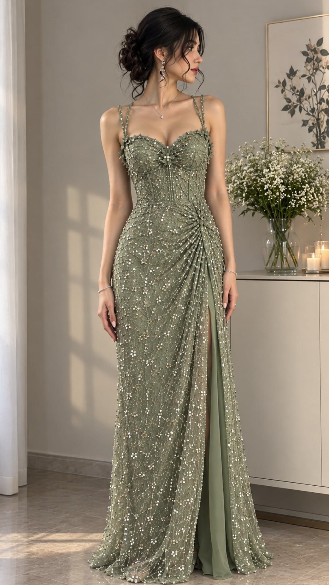 A woman wearing a sage green sequined formal gown with a high thigh slit.