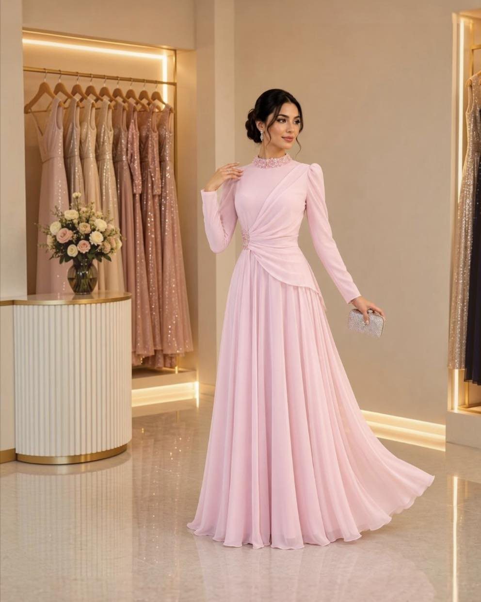Woman in a long-sleeved light pink formal gown standing in a dress boutique.