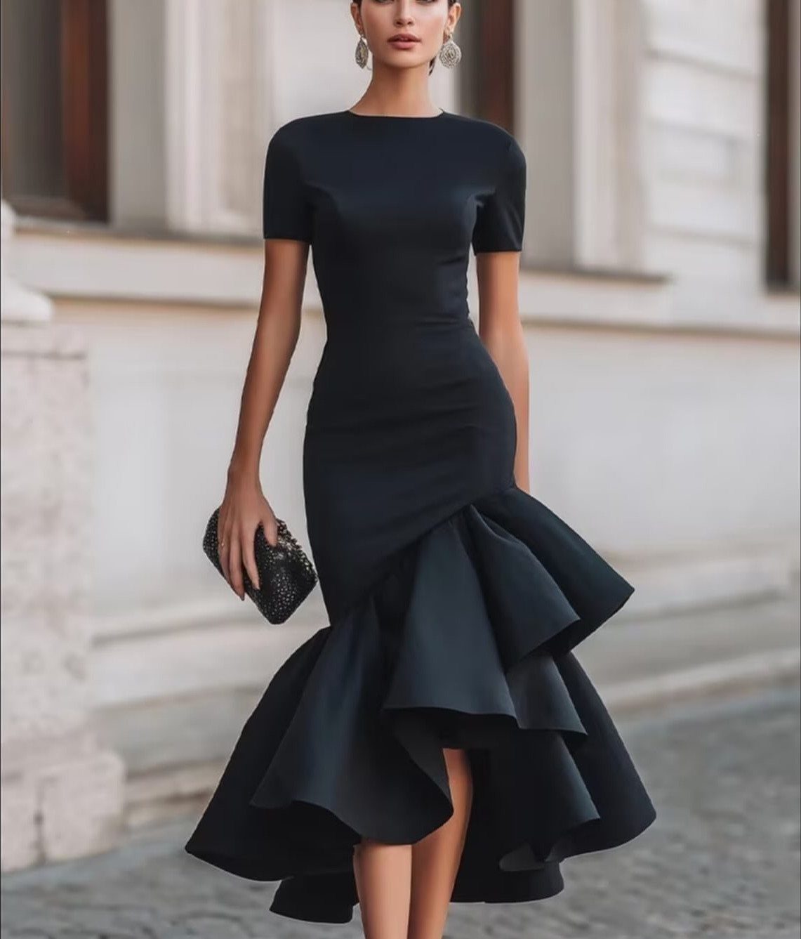 Woman in a black ruffled cocktail dress holding a small clutch and wearing statement earrings.