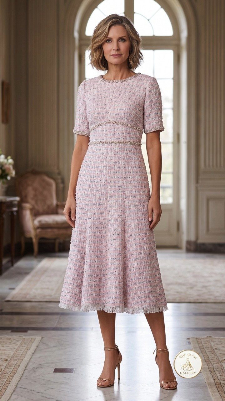 A woman posing in a textured pastel pink midi dress with short sleeves and gold heels.