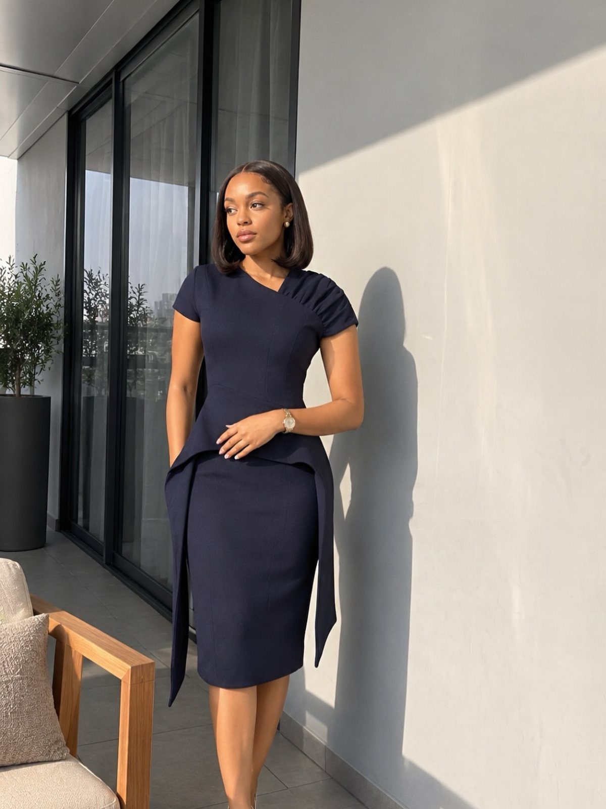 A woman posing in a navy blue midi dress with structural draping on a balcony.