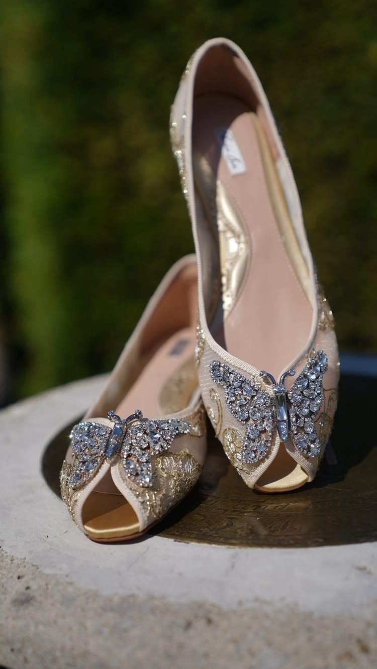 Beige peep-toe dressy flats featuring sparkling silver butterfly embellishments and gold embroidery on a stone surface.