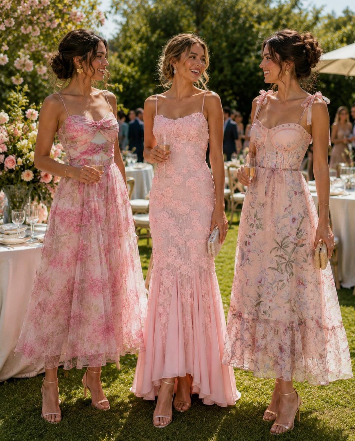 Three women in pink floral dresses smiling and standing together at an outdoor garden wedding reception.