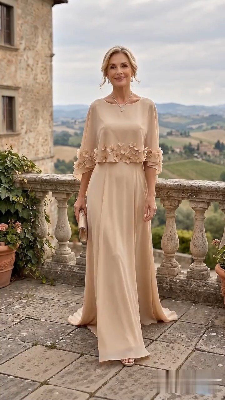 A woman posing in a flowing beige chiffon maxi dress on a stone balcony.