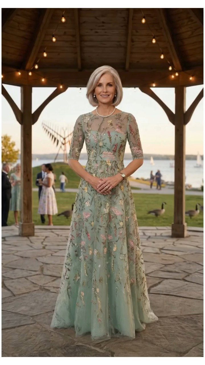 Silver-haired woman wearing an elegant mint green floral embroidered gown standing in a wooden gazebo.
