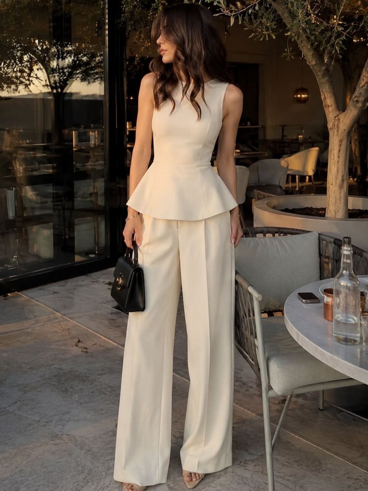 Woman wearing a cream peplum top and wide-leg tailored trousers standing on a patio.