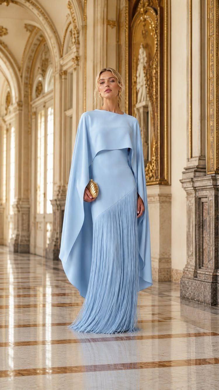 Woman in a light blue fringed formal gown posing in a grand, gold-decorated hallway.