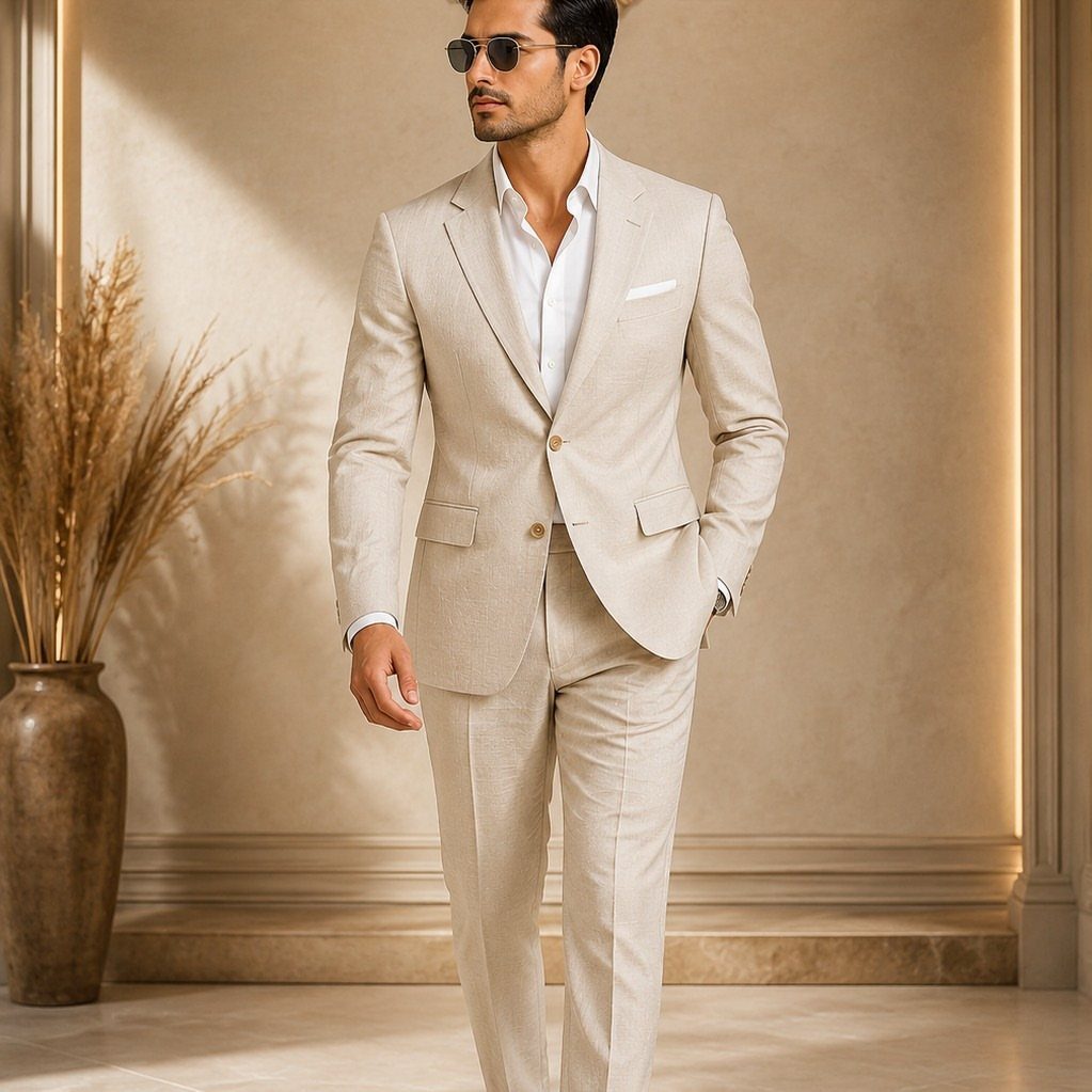 Man in a light beige linen suit and sunglasses standing in a neutral room.