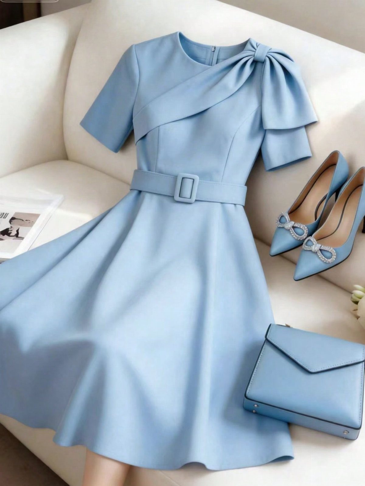 Light blue dress with a shoulder bow, matching blue heels, and a clutch bag on a white sofa.