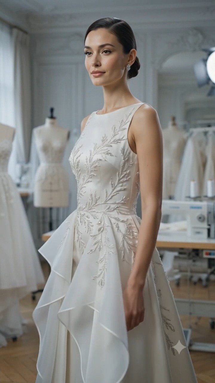Woman wearing a white sleeveless wedding dress with silver floral embroidery and ruffled skirt in a studio.