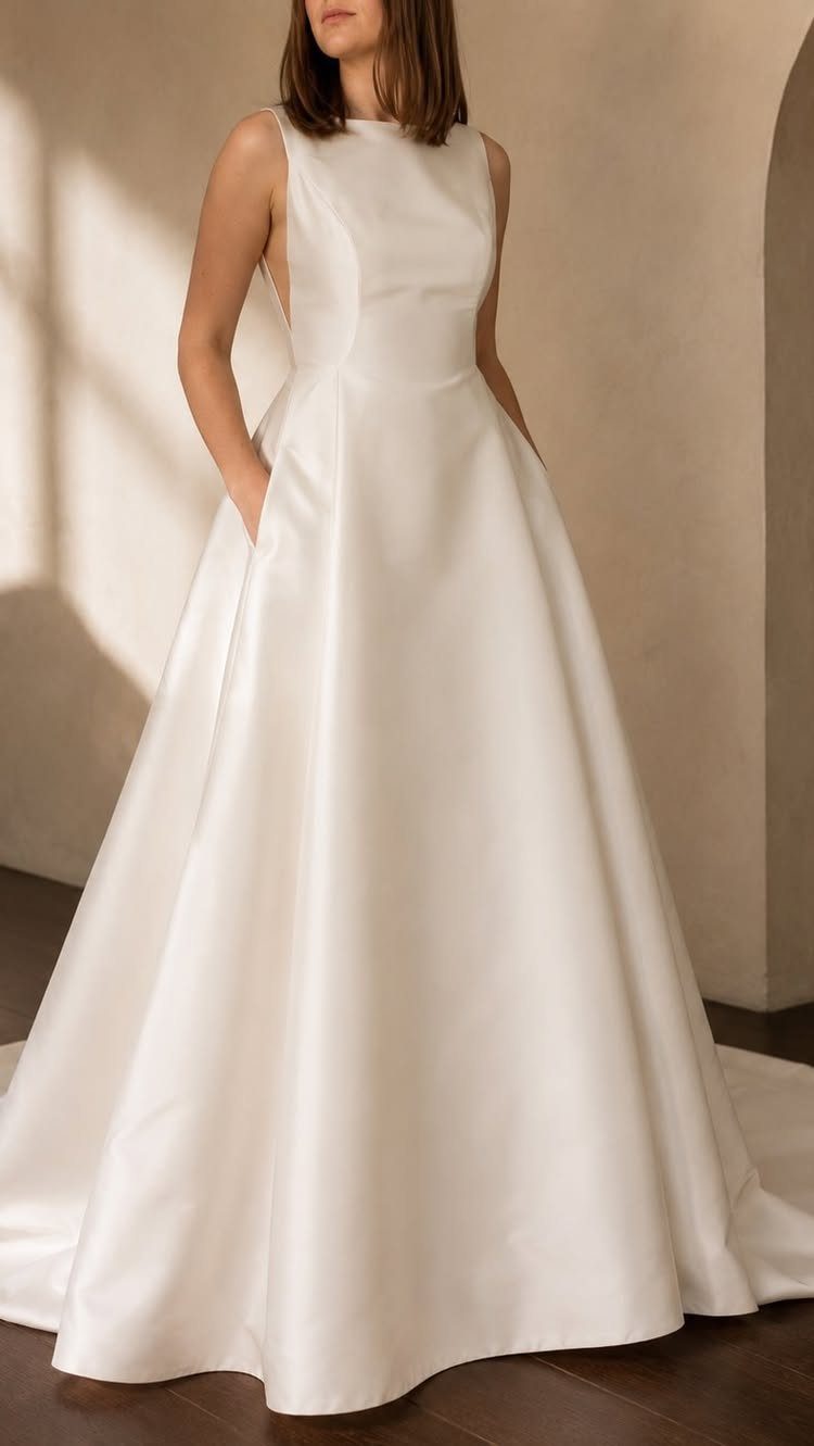 A woman standing in a sleeveless white satin A-line wedding dress with pockets.