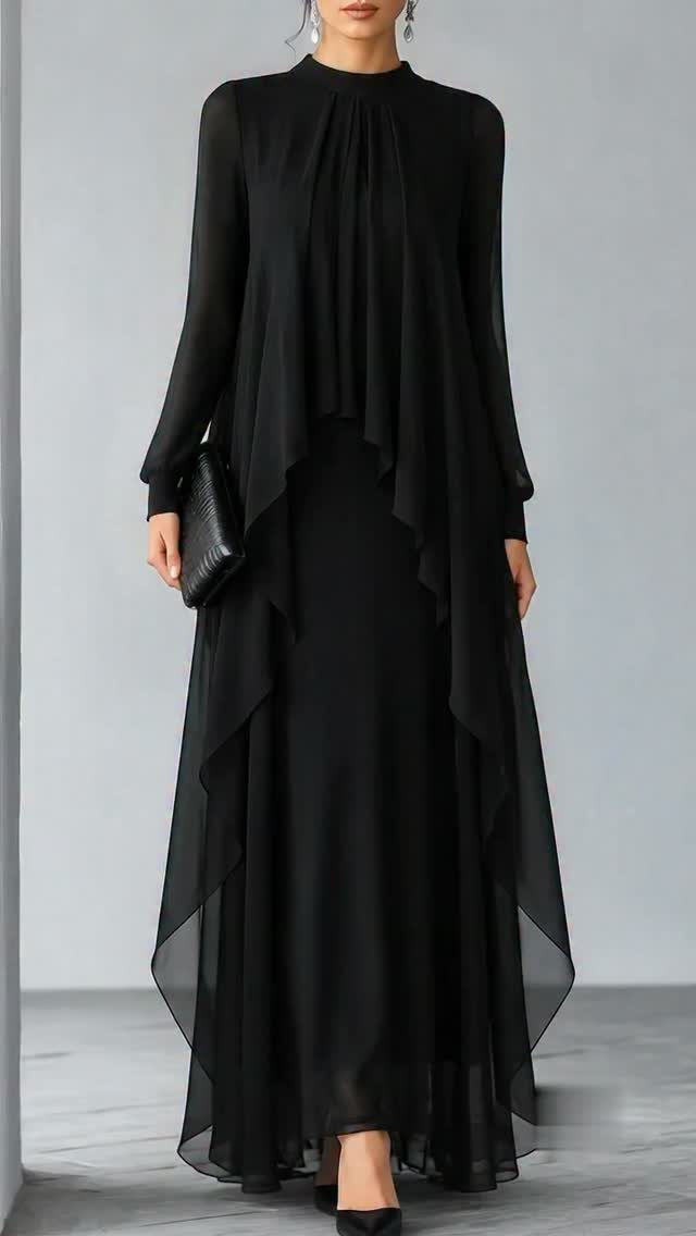 Woman wearing a long black flowing chiffon gown with an asymmetrical layered hemline.
