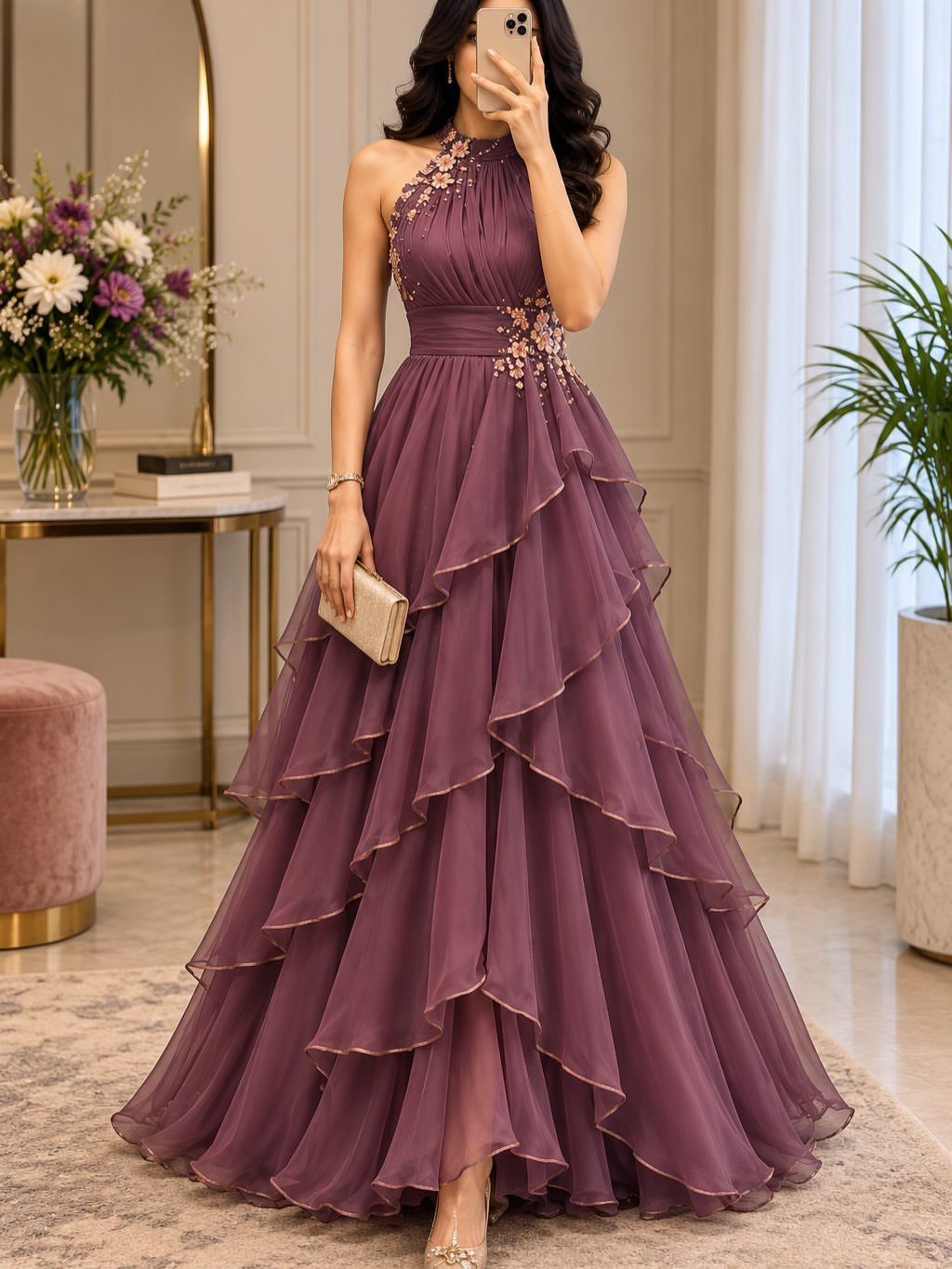 Woman in a purple tiered halter neck gown holding a gold clutch.