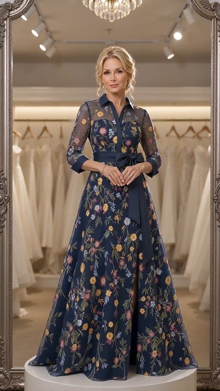 Blonde woman wearing a navy blue floral embroidered maxi gown with long sheer sleeves.