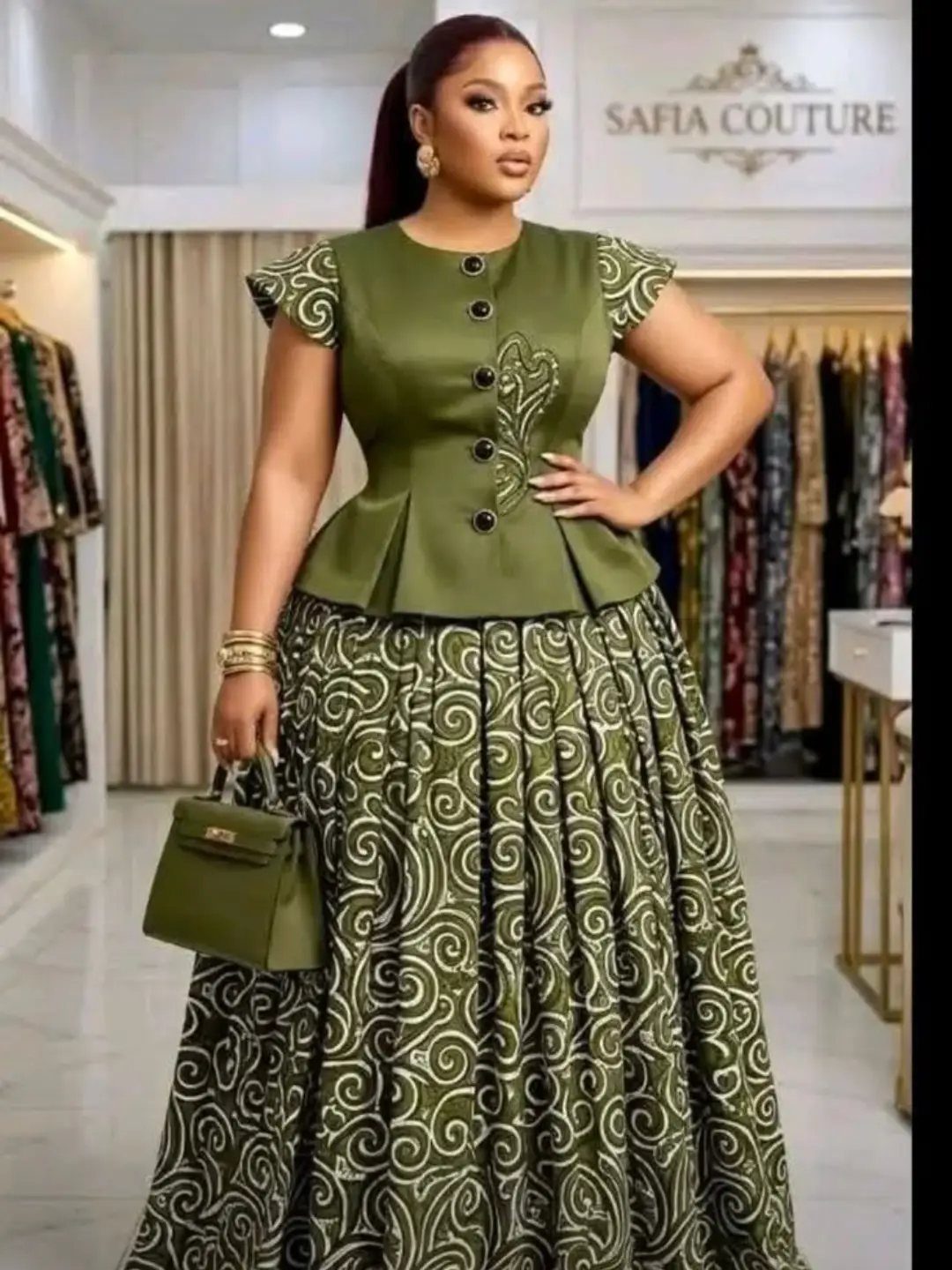 Woman wearing an olive green peplum gown with a patterned long skirt and matching handbag.