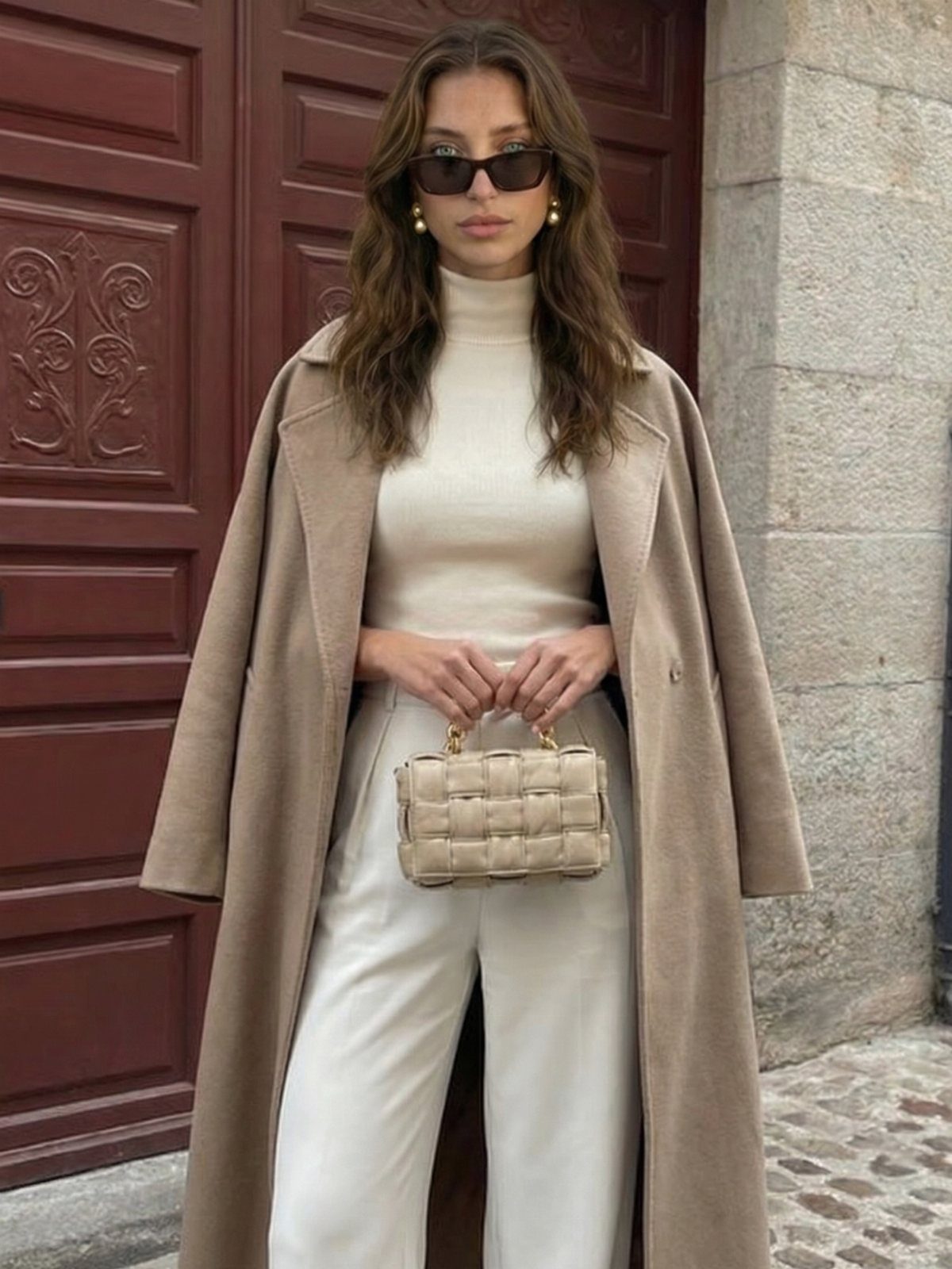 Woman in neutral beige and white clothing holding a small woven handbag outdoors.
