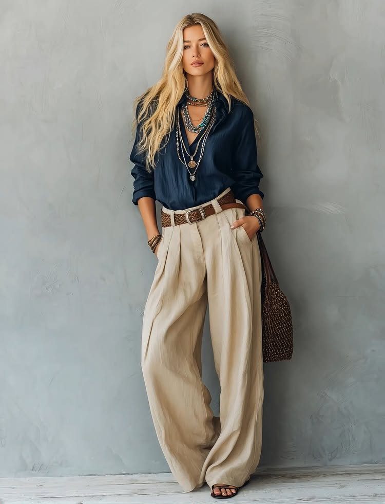 Woman in navy silk blouse and beige wide-leg trousers posing against a grey wall.