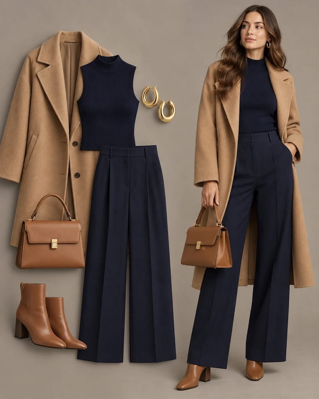 Woman in navy trousers and tan coat standing next to a flat lay of matching clothing.