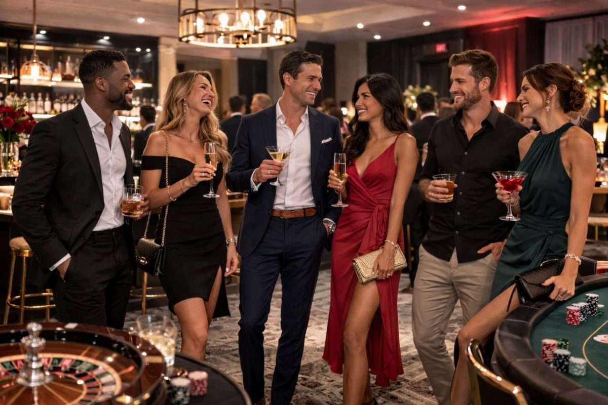 Smiling people in formal wear holding cocktails near a roulette wheel and casino gaming table.